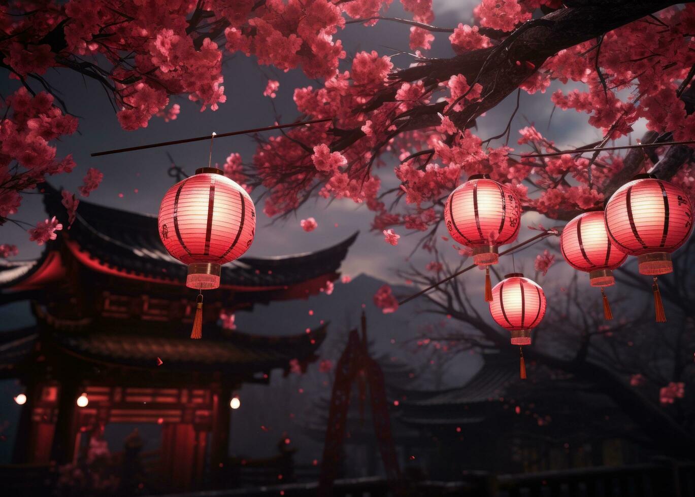 AI generated red colored chinese paper hanging on paper lanterns, photo