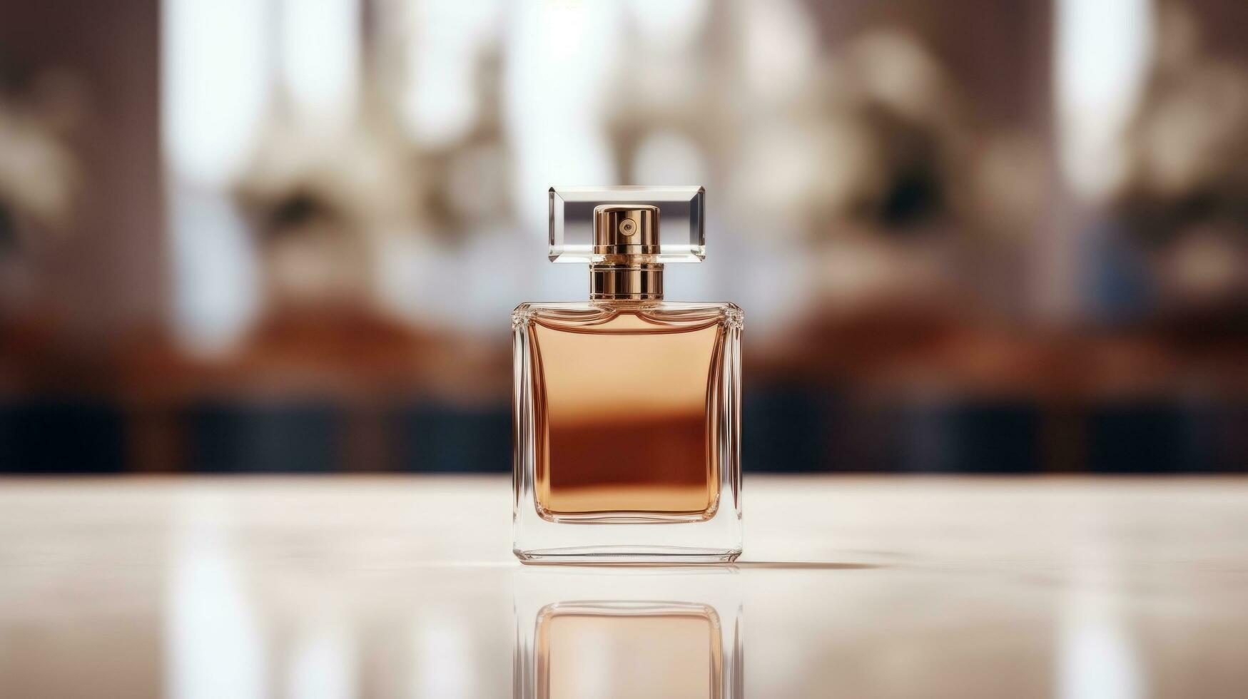 AI generated perfume bottle with blank front, realistic on a mockup template in a table in a luxury store photo