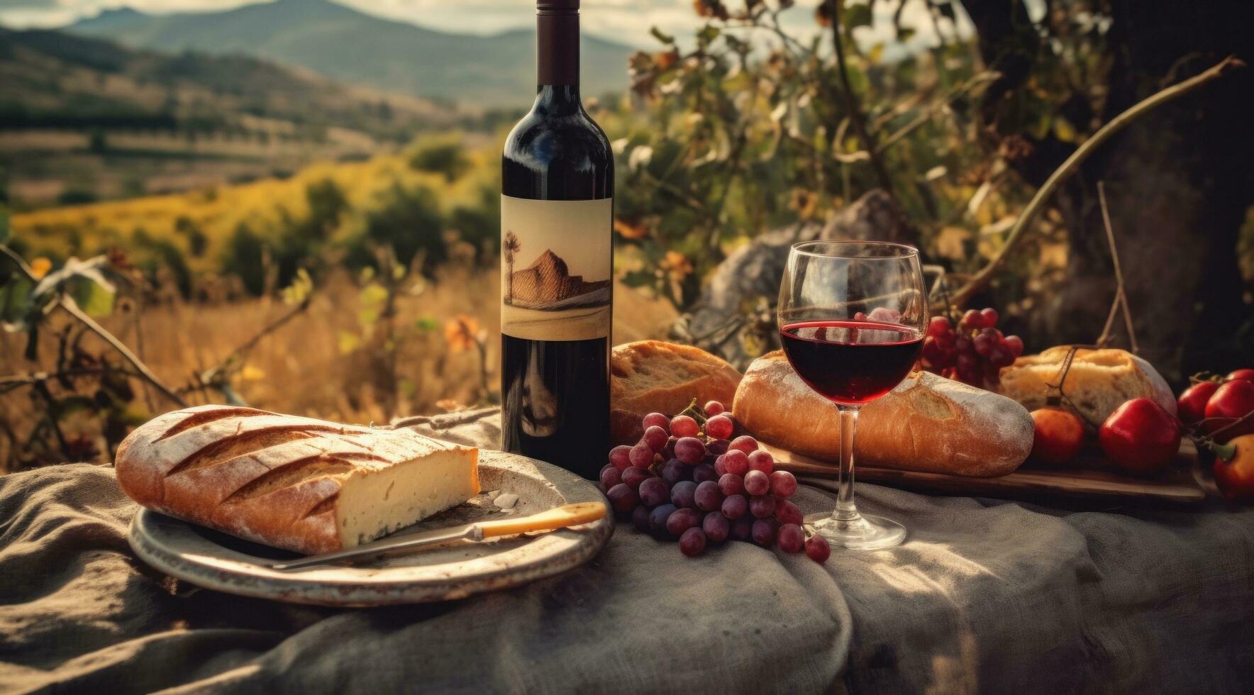 AI generated picnic table at the countryside with wine and bread, photo