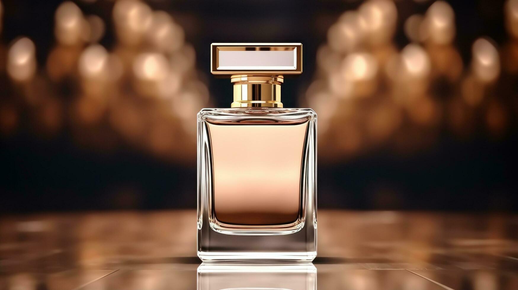 AI generated perfume bottle with blank front, realistic on a mockup template in a table in a luxury store photo
