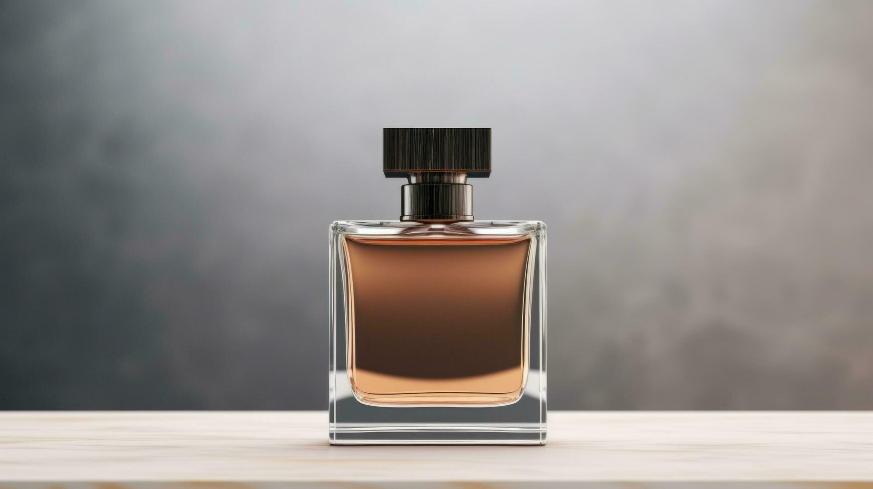 AI generated perfume bottle with blank front, realistic on a mockup template in a table in a luxury store photo