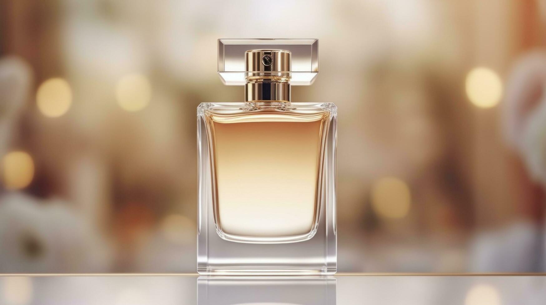AI generated perfume bottle with blank front, realistic on a mockup template in a table in a luxury store photo