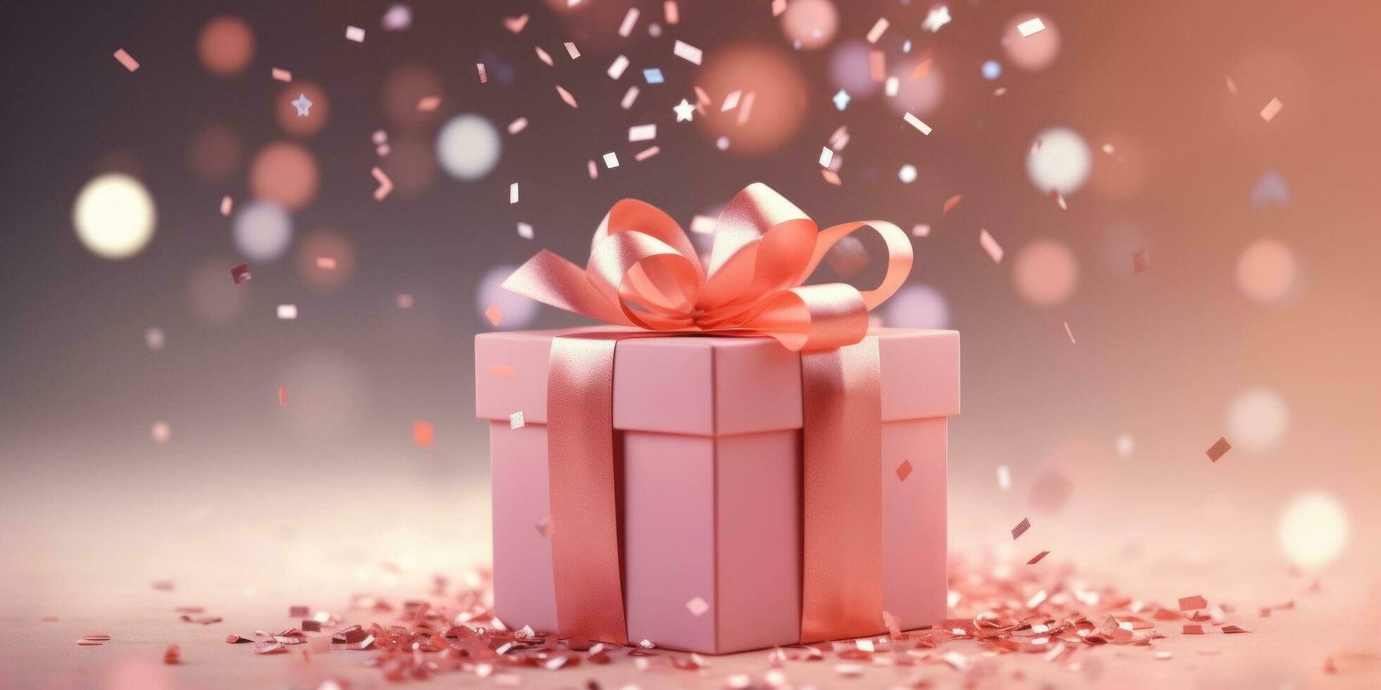 AI generated pink gift with confetti and small balloons, photo