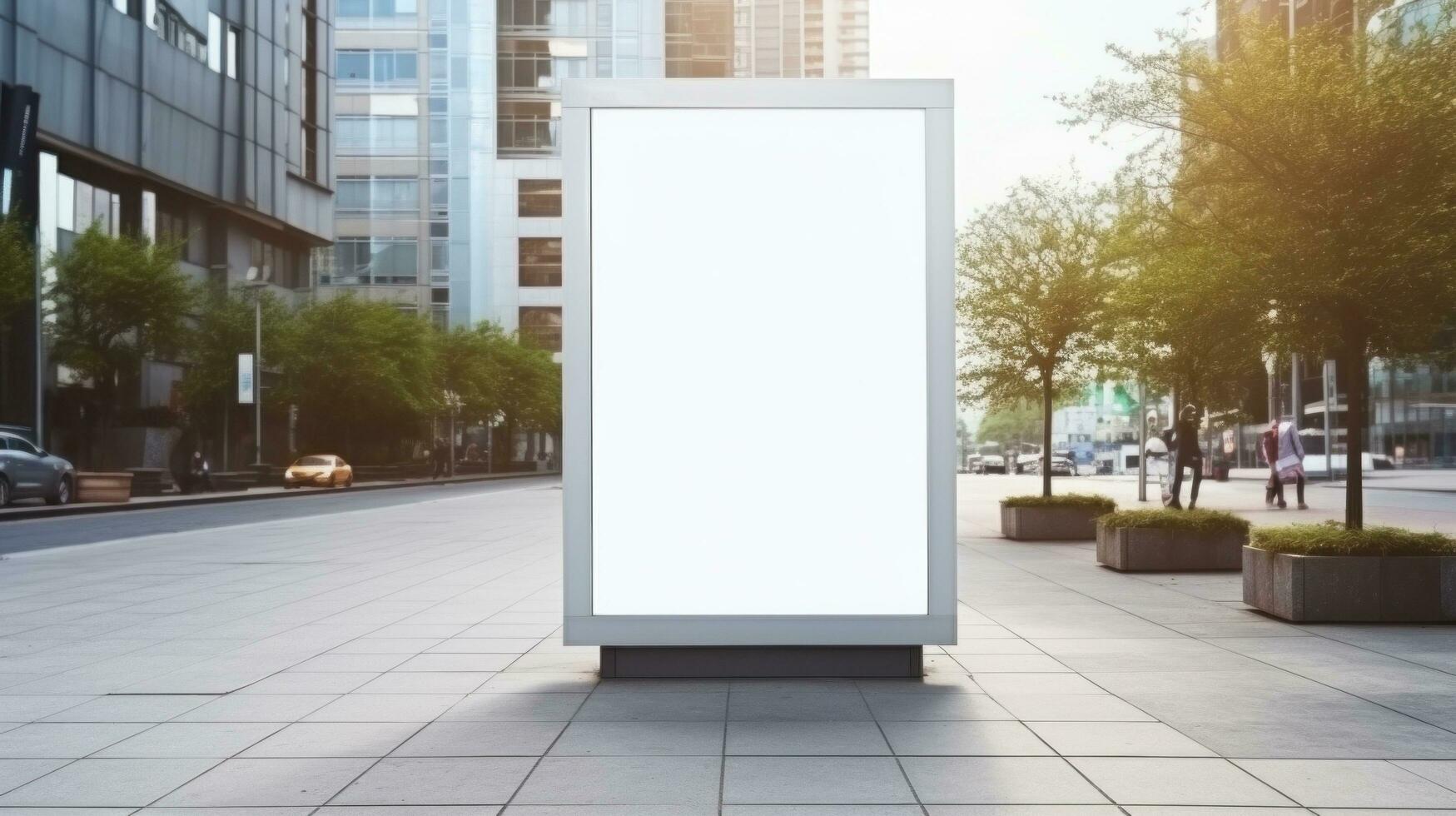 AI generated Outdoor advertising with blank front realistic on a mockup template in a spring street of big city photo