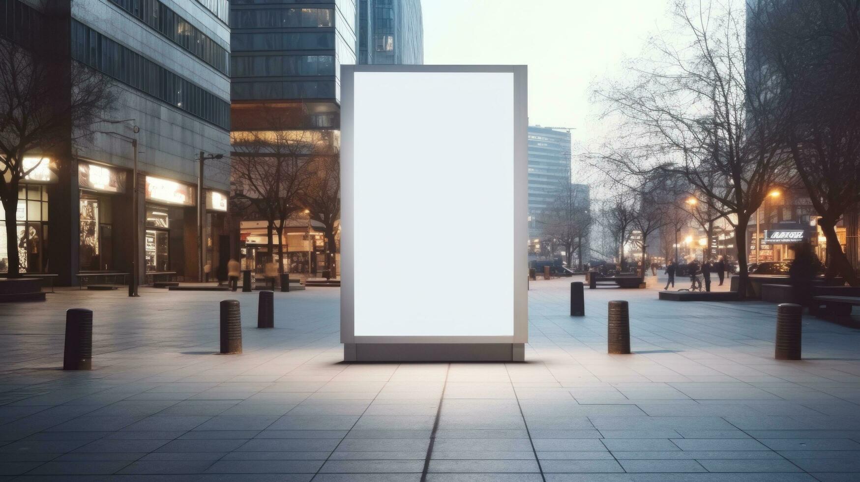 AI generated Outdoor advertising with blank front realistic on a mockup template in a spring street of big city photo