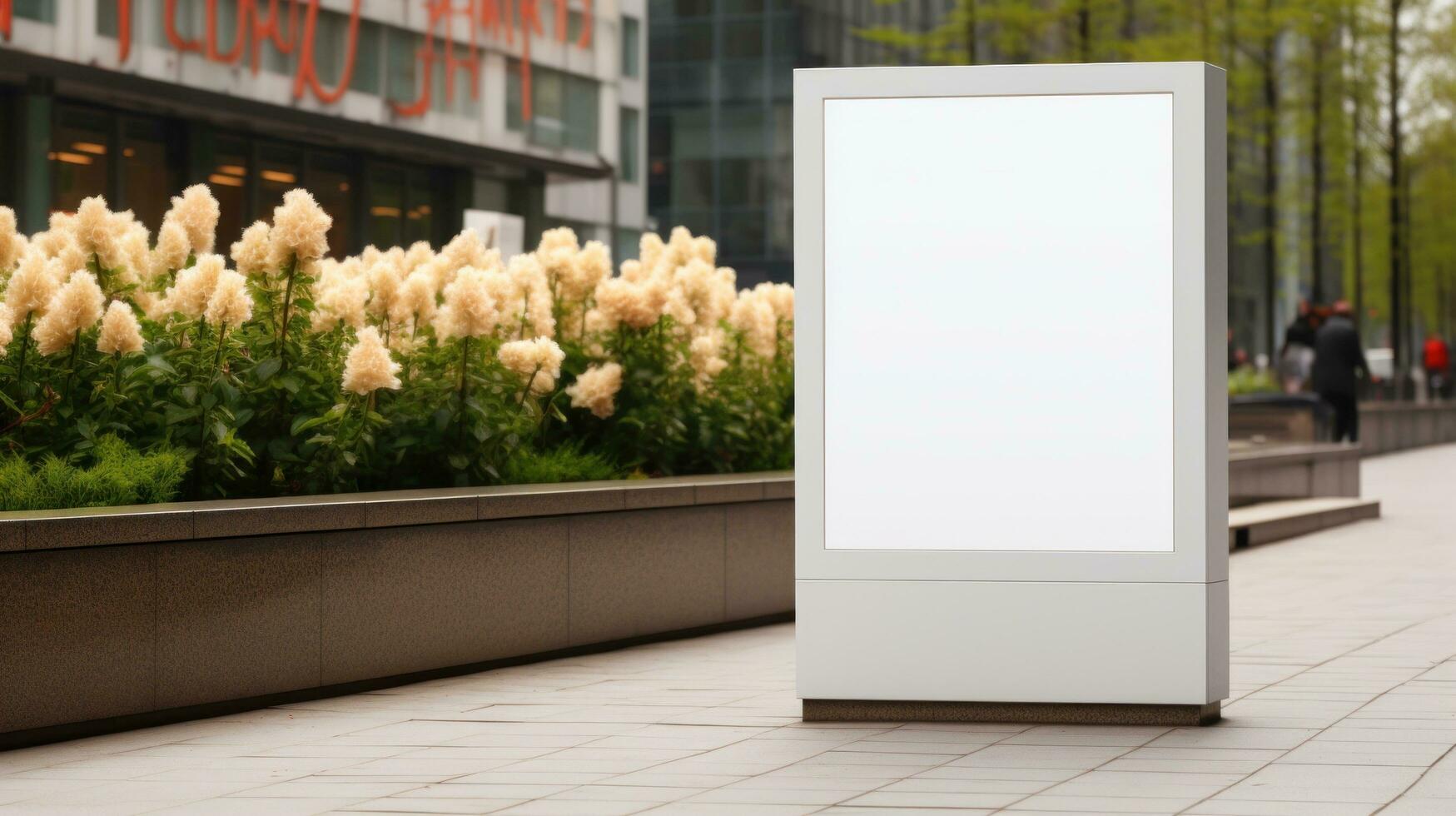 AI generated Outdoor advertising with blank front realistic on a mockup template in a spring street of big city photo