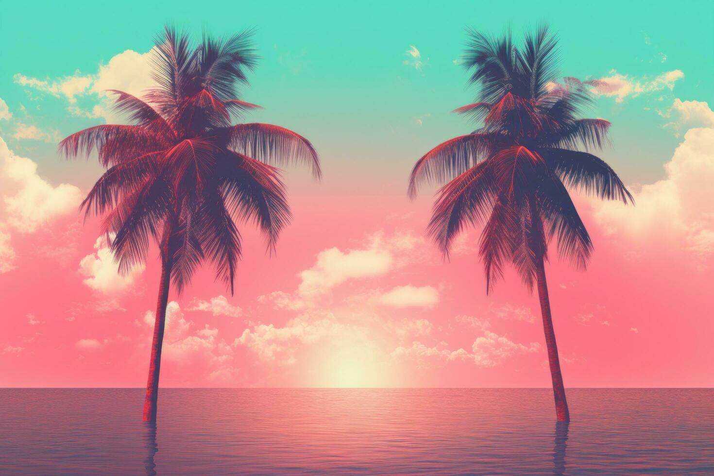 AI generated palm tree trees on the shore on a turquoise and pink beach background, photo