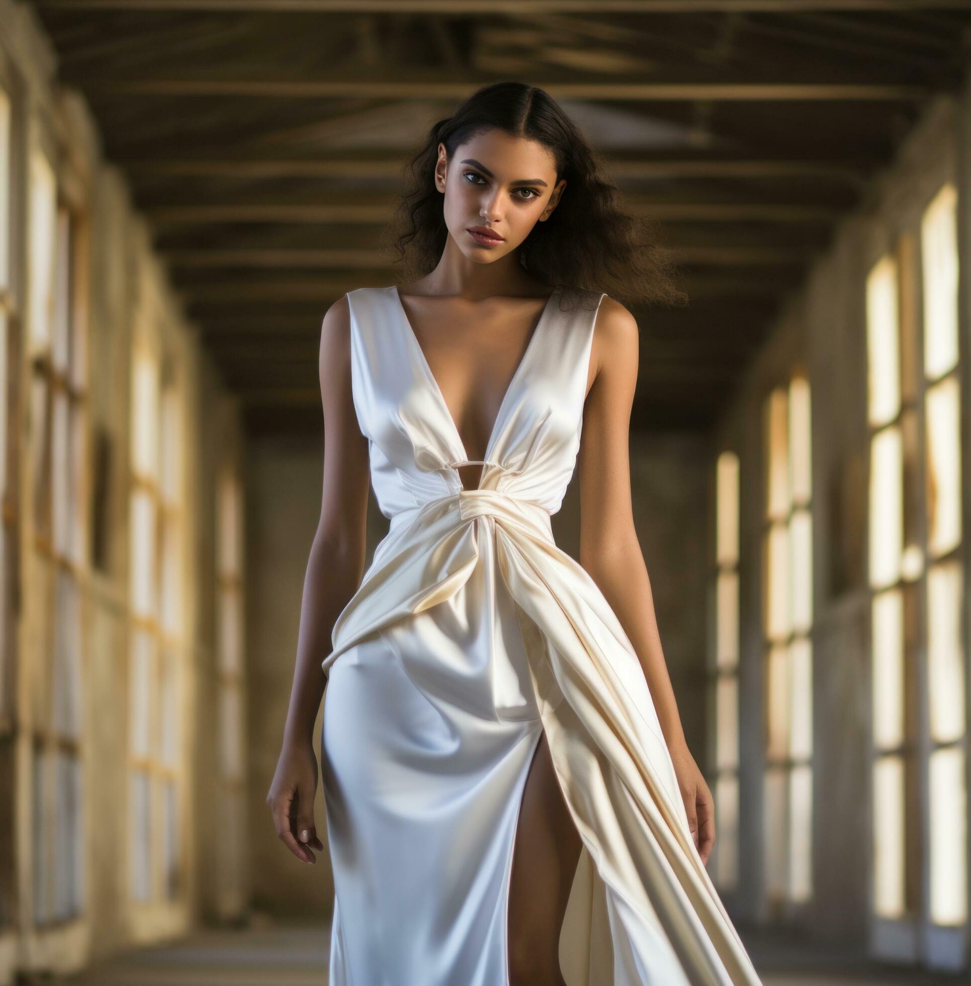 AI generated model in white dress with high slit, 35343515 Stock Photo