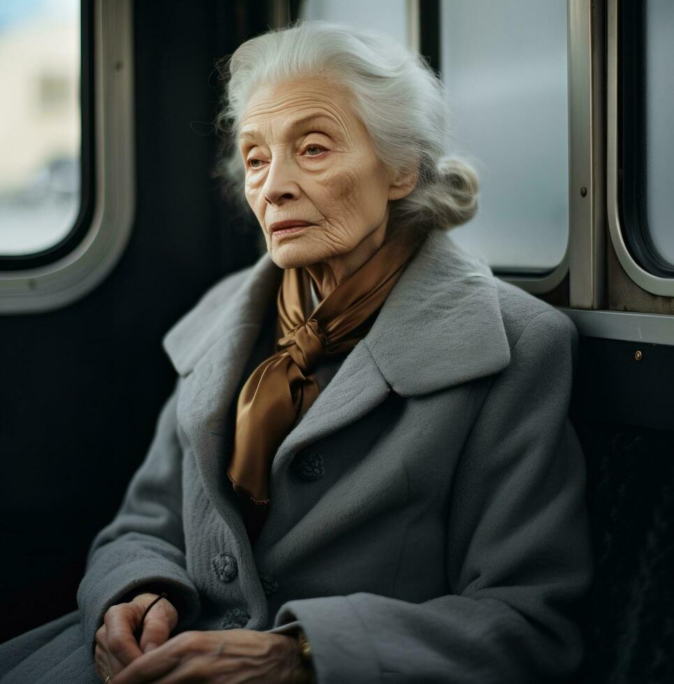ai generado antiguo mujer en gris Saco sentado en un tren, foto