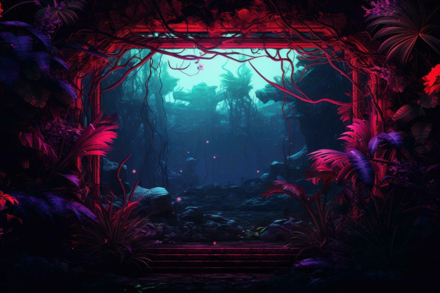 AI generated neon frame on green palm leaves with a palm tree on dark background, photo