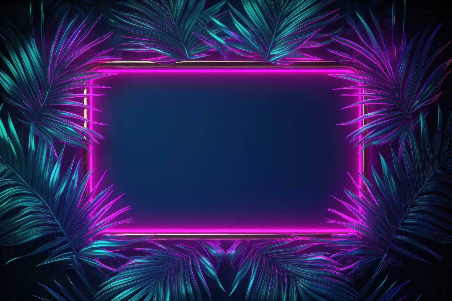 AI generated neon frame on green palm leaves with a palm tree on dark background, photo