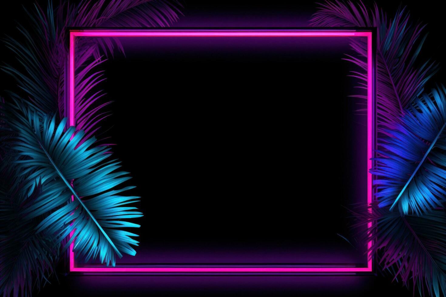 AI generated neon frame on green palm leaves with a palm tree on dark background, photo