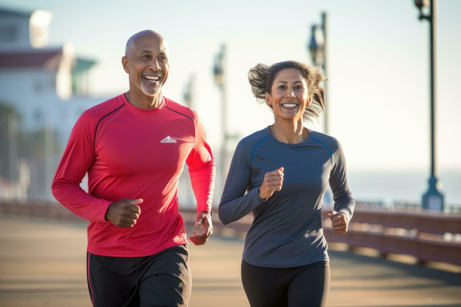 AI generated Front view of a happy mature couple running together on a sunny day, Active fit mature couple running on Santa Monica Beach boardwalk pacific ocean in background, AI Generated photo