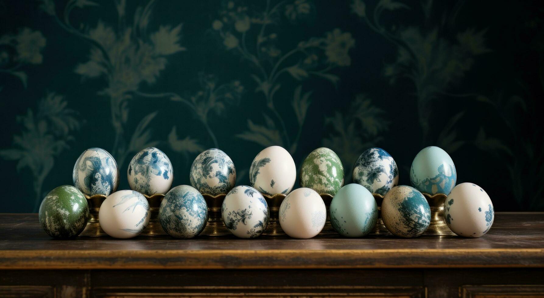 AI generated many green painted eggs on a counter, photo