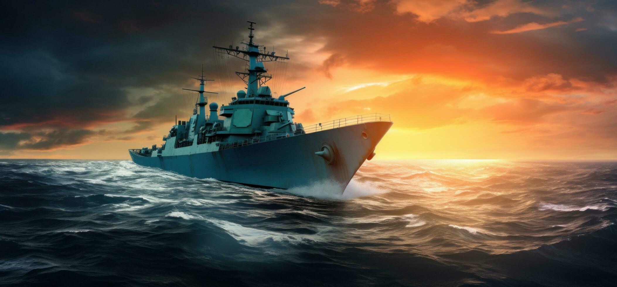 AI generated military ship in the ocean at sunset, photo