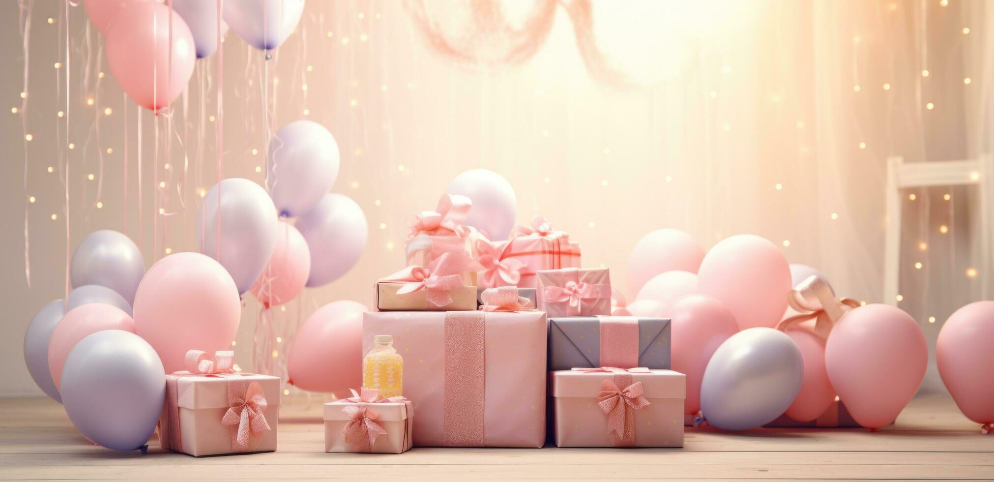 AI generated many gift boxes sitting on a table with lights and balloons, photo
