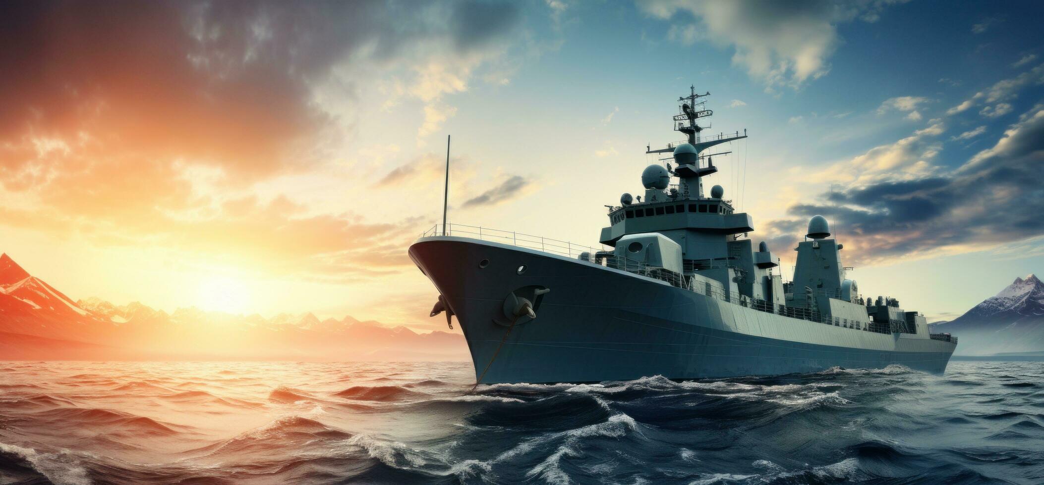 AI generated military ship in the ocean at sunset, photo