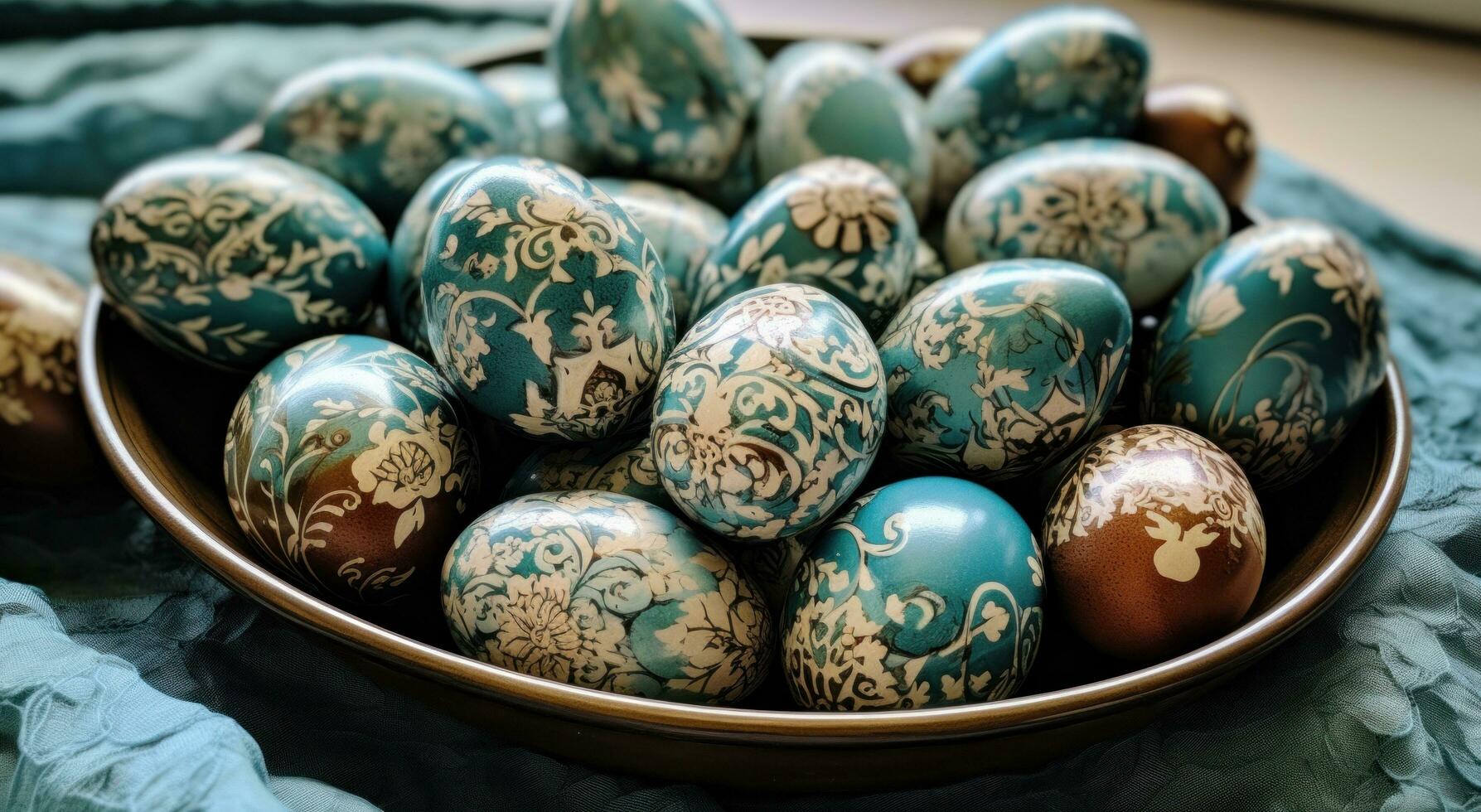 AI generated many green painted eggs on a counter, photo
