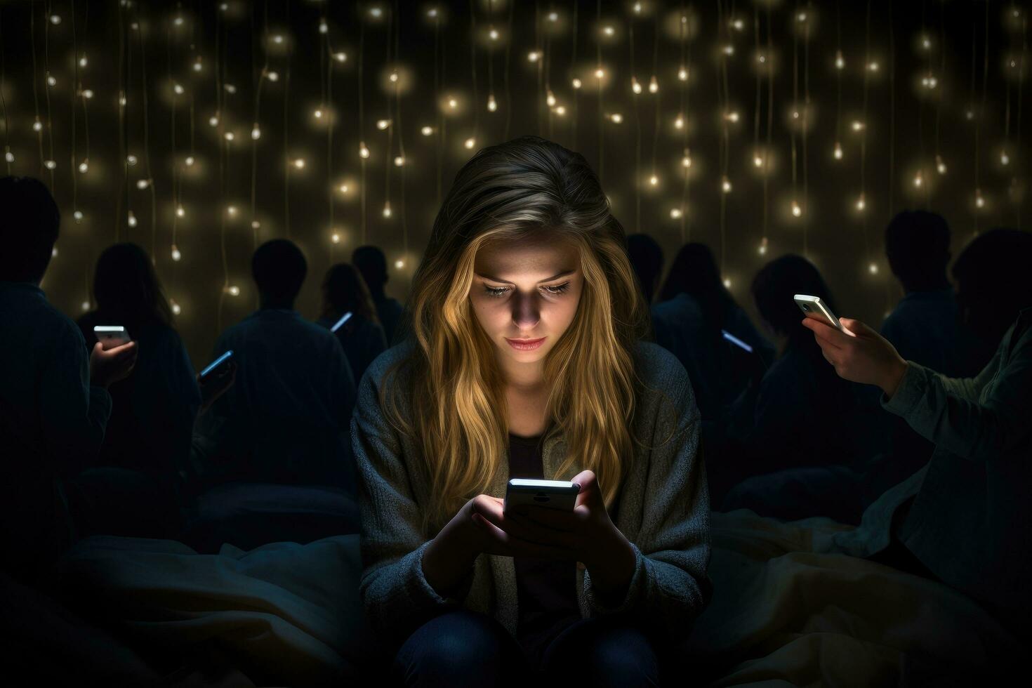 AI generated Young woman using mobile phone in bed at night with lights on background, A woman's battle against insomnia and social media addiction unfolds in the soft glow of her phone, AI Generated photo