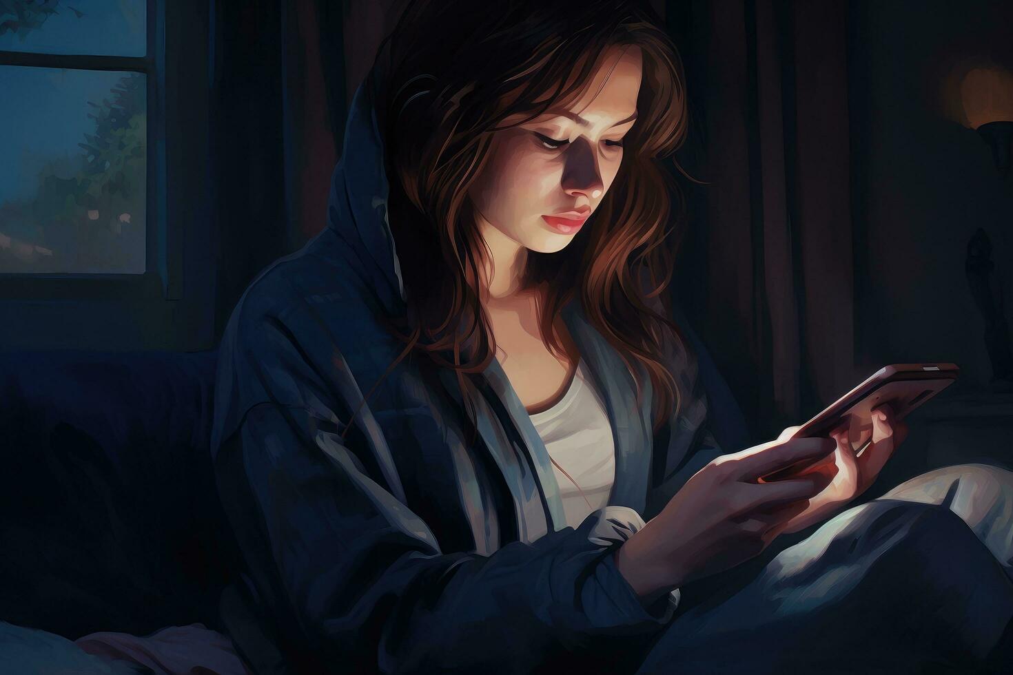 AI generated Young beautiful woman using mobile phone while sitting in bed at night, A woman's battle against insomnia and social media addiction unfolds in the soft glow of her phone, AI Generated photo