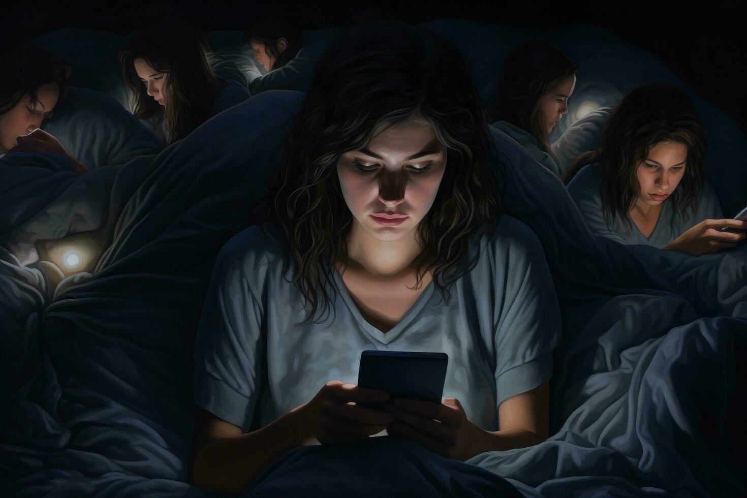 AI generated Young woman using mobile phone in bed at night. Focus on smartphone, A woman's battle against insomnia and social media addiction unfolds in the soft glow of her phone, AI Generated photo