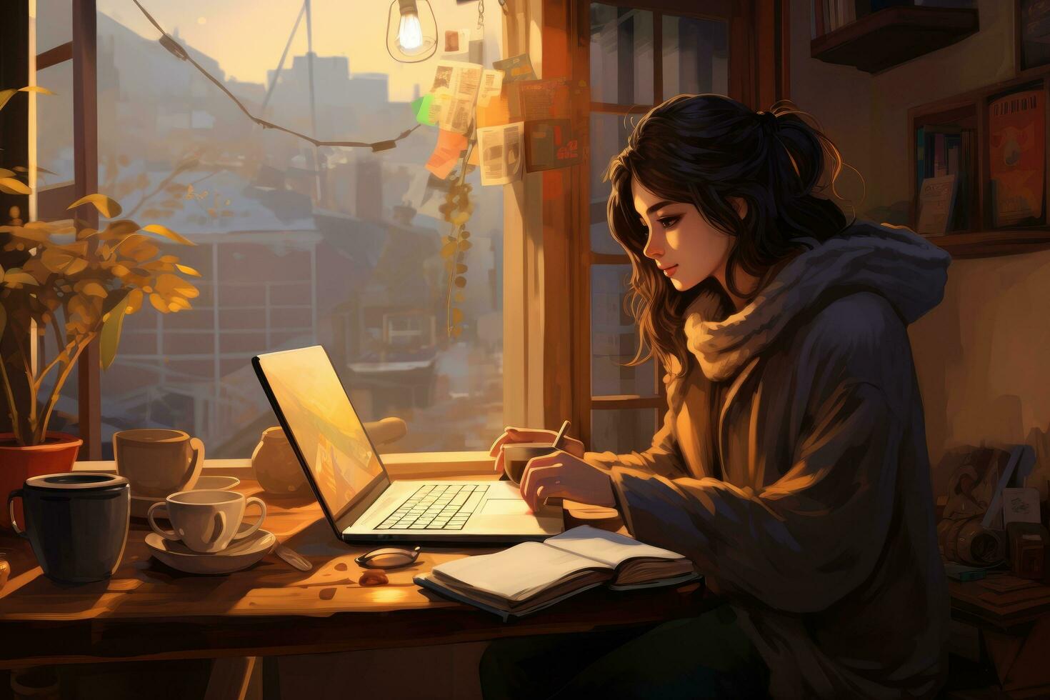 AI generated Young woman sitting at the table in front of window and using laptop, A woman in a cozy home setting, sipping coffee while working on her laptop, AI Generated photo