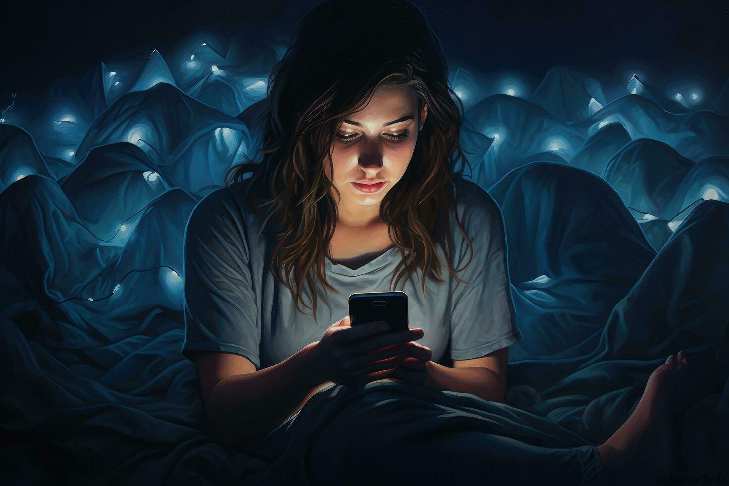 AI generated Young woman using mobile phone in bed at night. The concept of communication, A woman's battle against insomnia and social media addiction unfolds in the soft glow of her phone photo