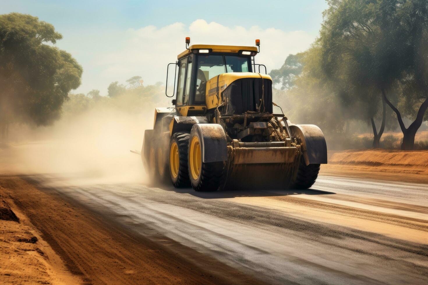 AI generated Road roller with heavy vibration roller compactor working on a road construction site, A road roller works on the road, AI Generated photo