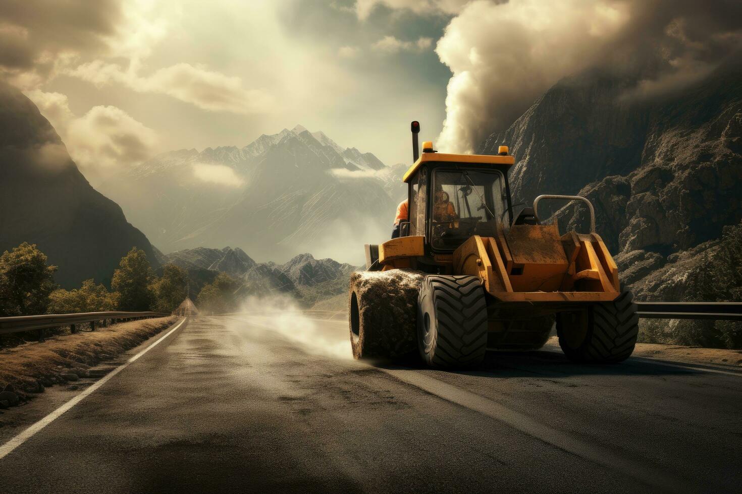 AI generated Yellow bulldozer on the road with foggy mountains at the background, A road roller works on the road, AI Generated photo