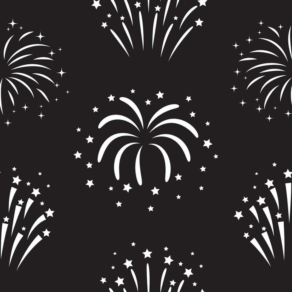 Seamless pattern with holiday fireworks. Vector illustration on a black background.