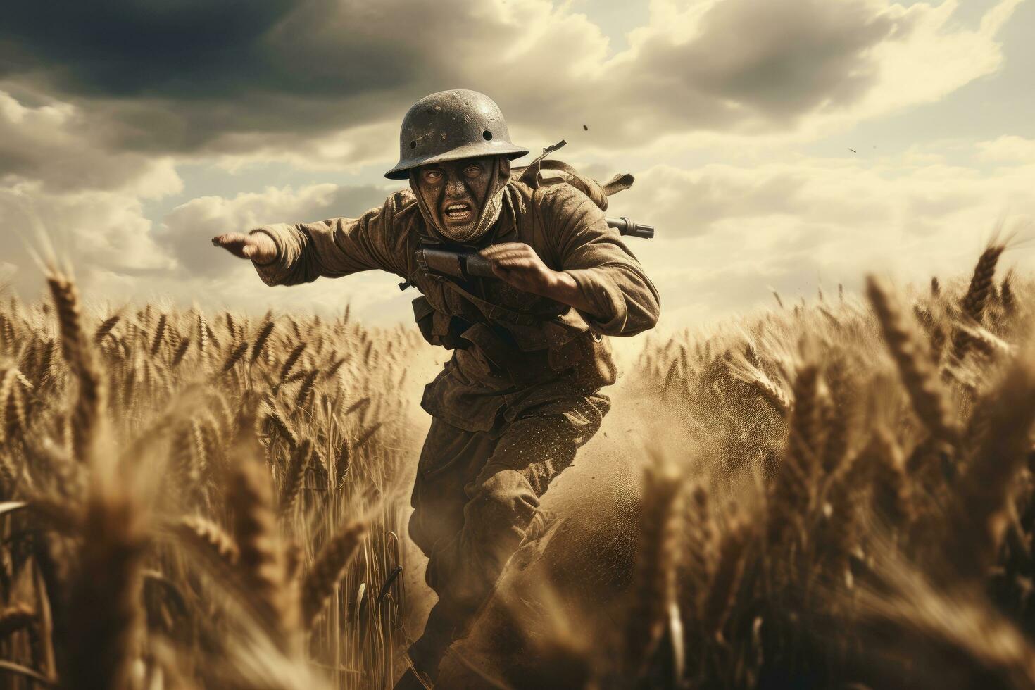 AI generated Member of Red Star history club wears historical Soviet uniform during historical reenactment of Kiev Liberation in 1943 in Kiev, Ukraine, A vintage soldier running on a battlefield photo