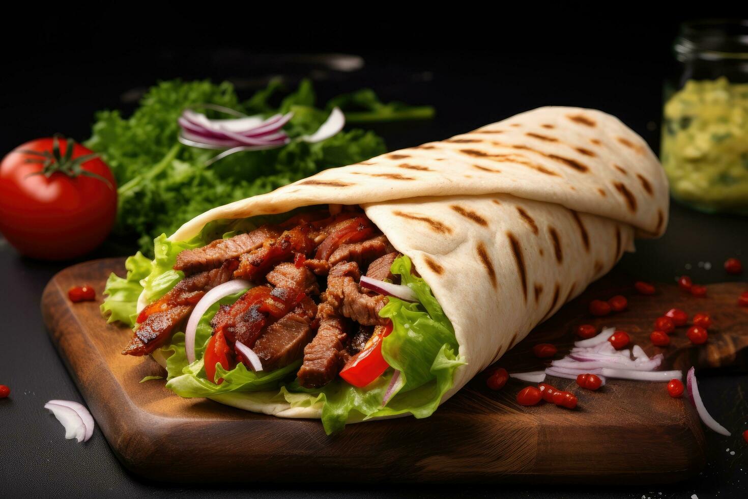 AI generated Doner kebab - grilled meat in lavash on wooden board, A table of food including chicken, rice, and other food, AI Generated photo