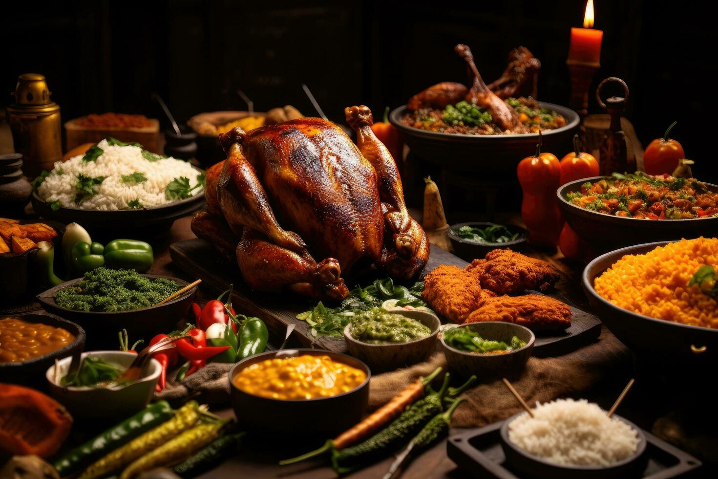 AI generated Traditional indian food on wooden table. Chicken, rice, vegetables and spices, A table of food including chicken, rice, and other food, AI Generated photo