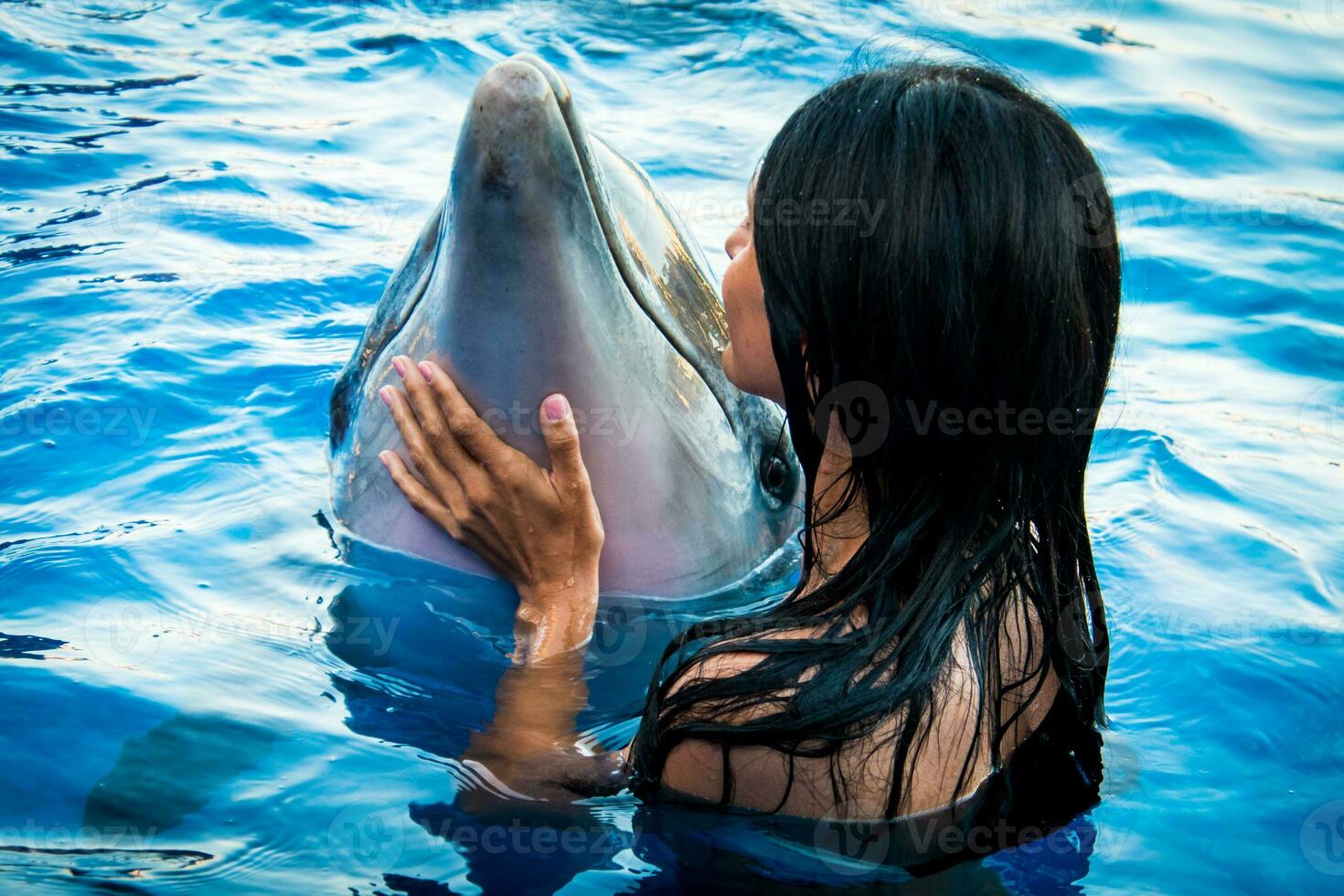 Portrait of young Caucasian woman smile with dolphin look to camera in pool water of Batumi delphinarium. Swim with dolphin experience concept photo