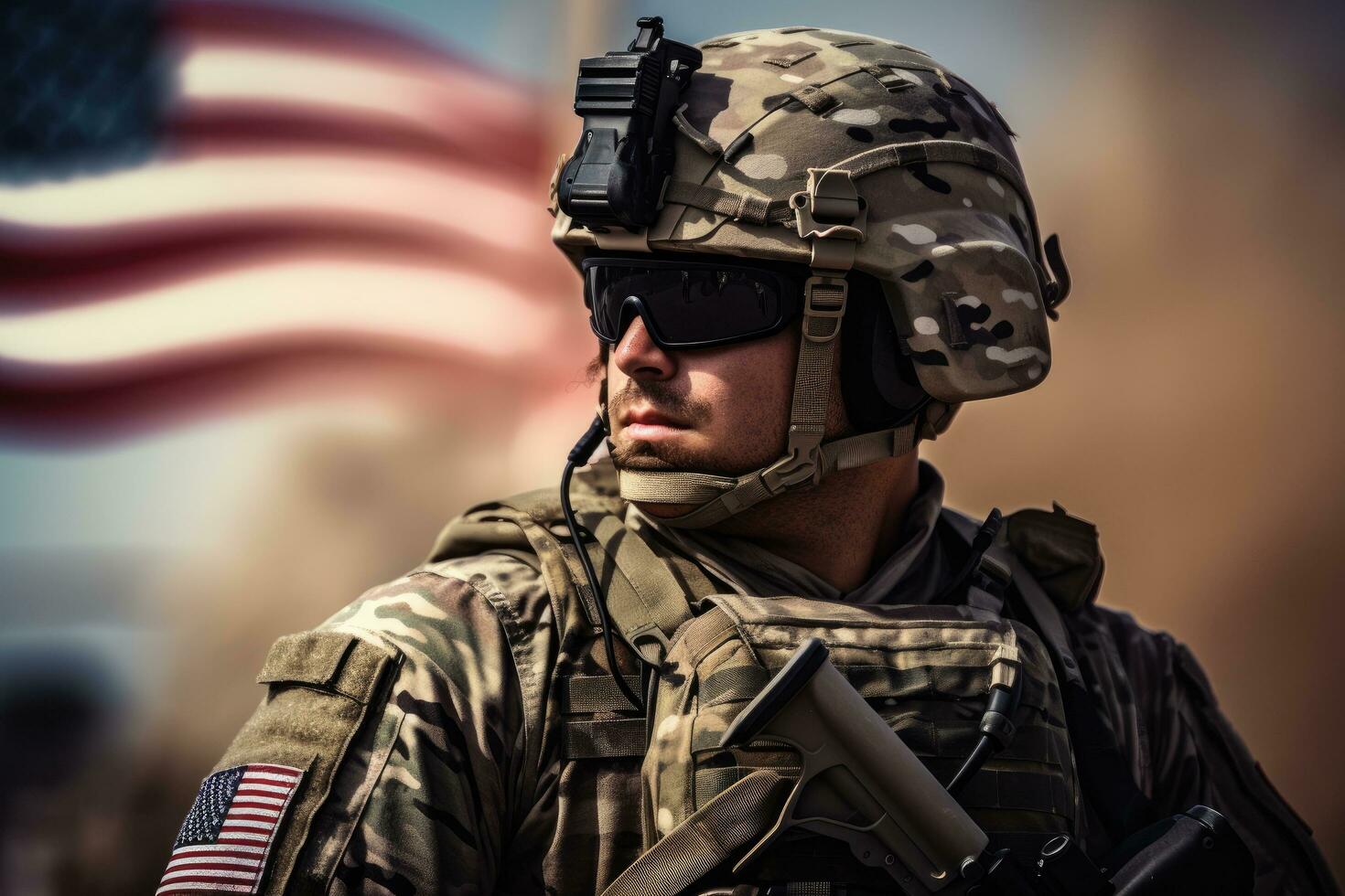 AI generated Soldier with gun and american flag in the background. US army soldier, A soldier wearing a modern helmet and equipment, side view, American flag in the background, AI Generated photo