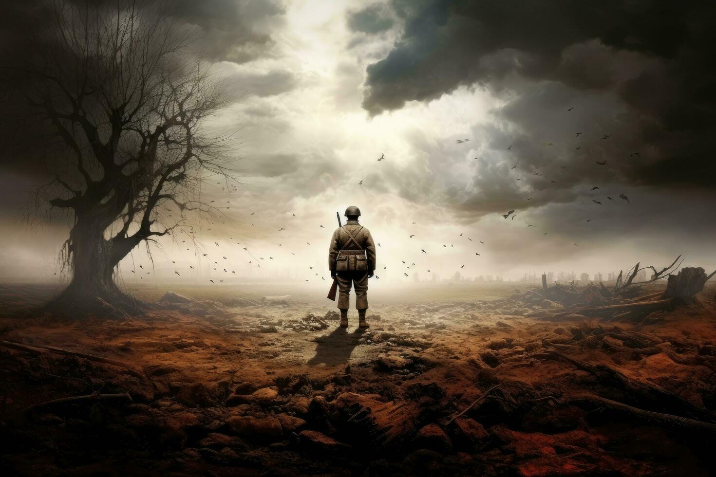 AI generated Spooky landscape with man in a gas mask standing in the swamp, A soldier standing alone after the war on the battlefield, AI Generated photo