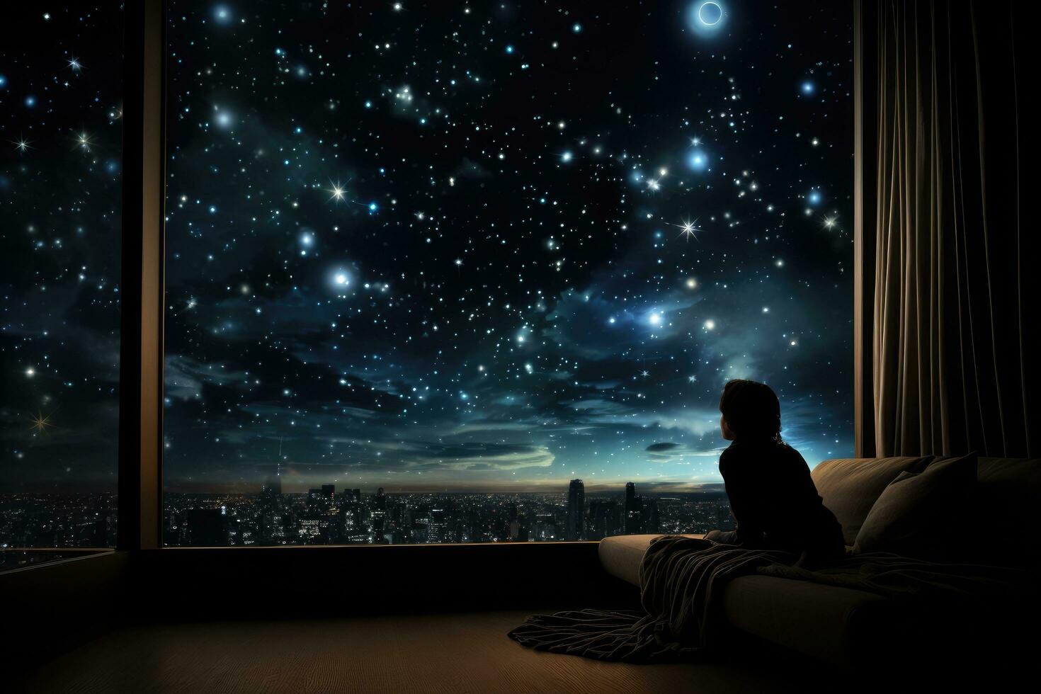 ai generado silueta de mujer sentado en cama y mirando a noche ciudad, un habitación en un Departamento lata ver el cielo lleno de estrellas, ai generado foto