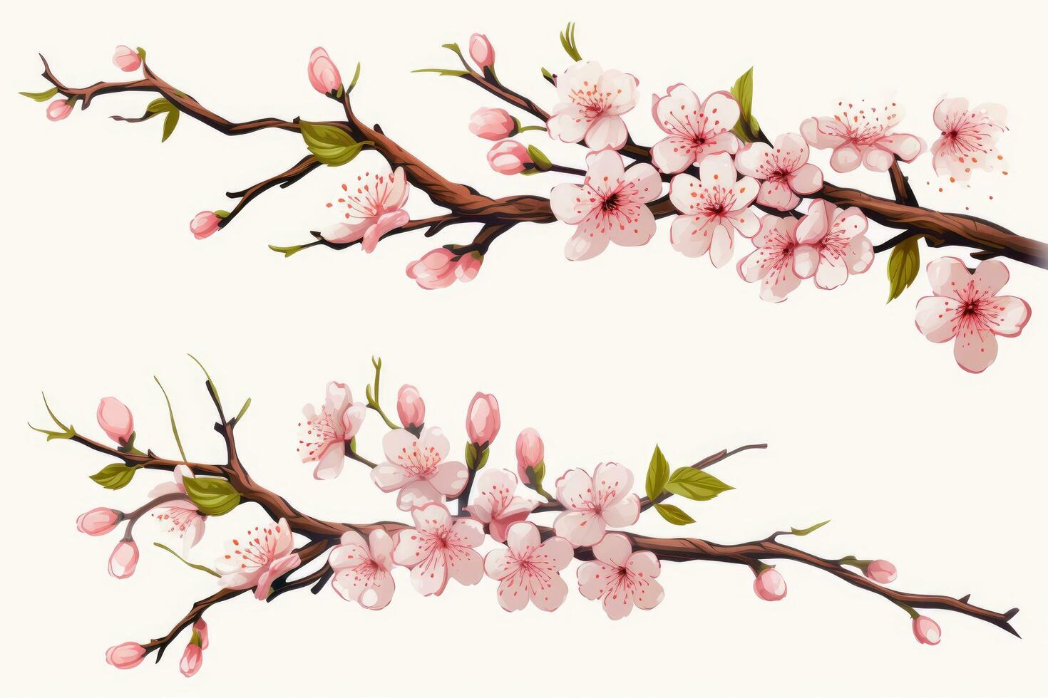 AI generated Watercolor cherry blossom branch set isolated on white background. Vector illustration, A set of cherry blossom branches with flowers and buds, AI Generated photo