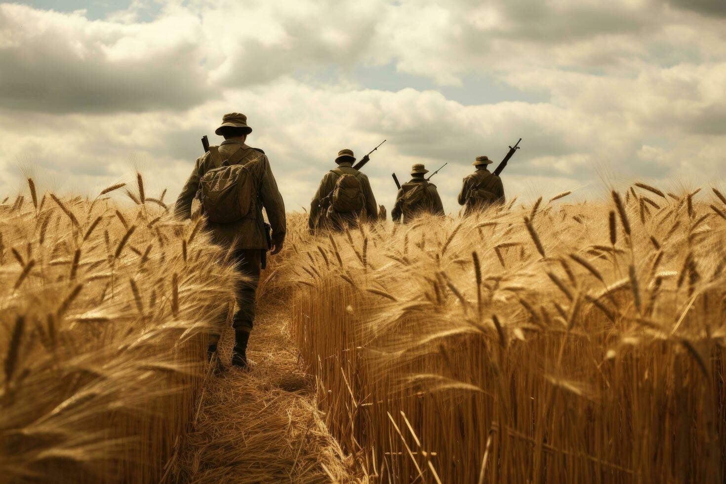 AI generated Soldier in the wheat field. Military historical reenactment, A ranger team walking through a wheat field, AI Generated photo