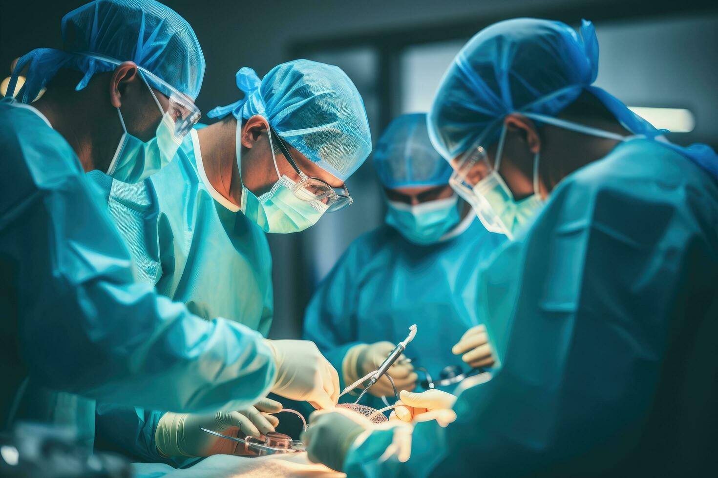 AI generated group of veterinarian surgery in operation room take with art lighting and blue filter, A team of surgeons in protective glasses uses laparoscopic tools during the surgical operation photo