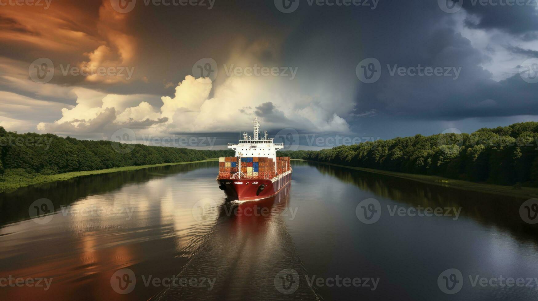 ai generado un envase del barco viaje mediante el kiel canal debajo un amenazador estante nube foto