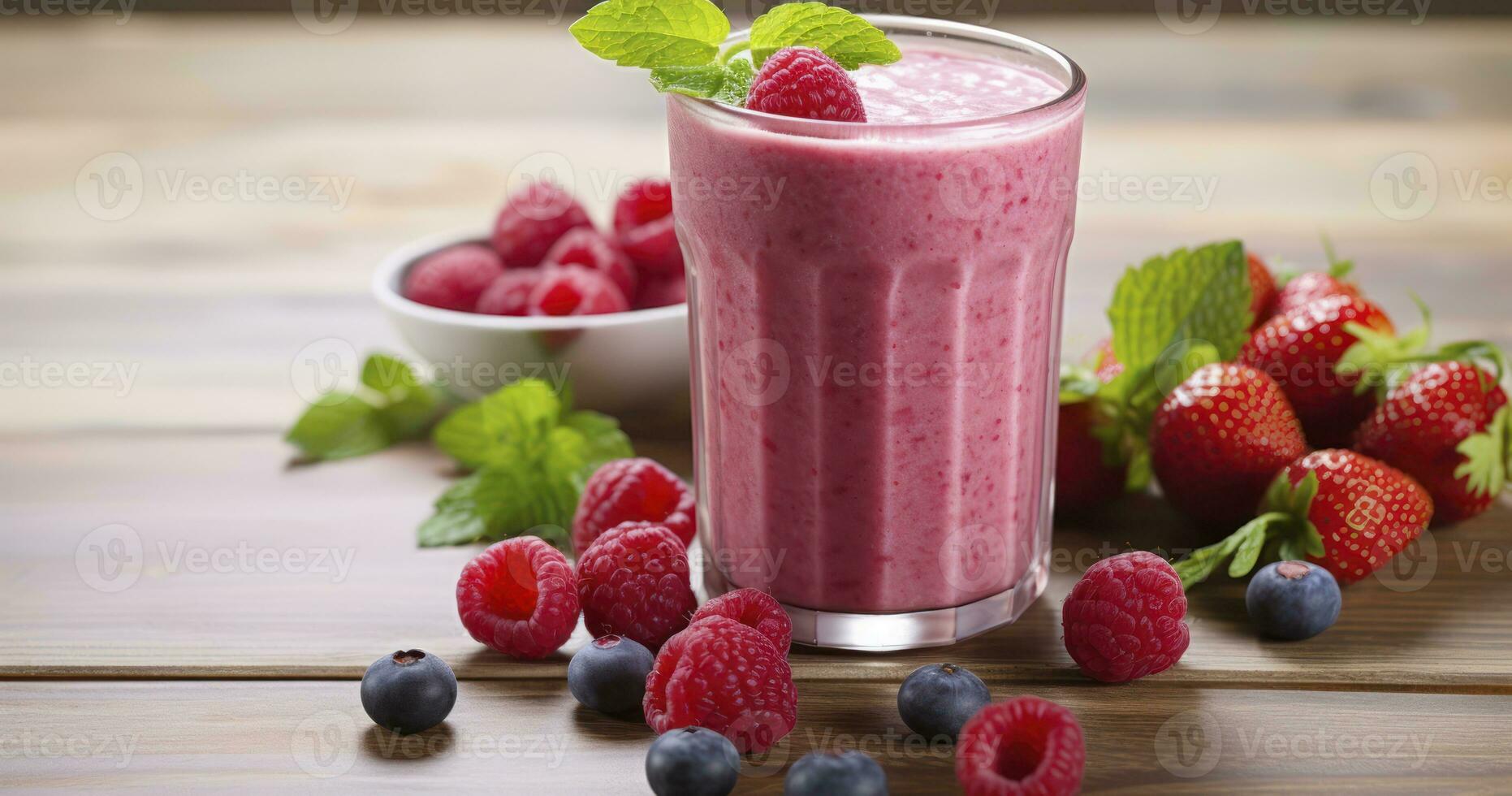 AI generated Raspberry Refreshment - Raspberry smoothie with fresh berries on a wooden table photo