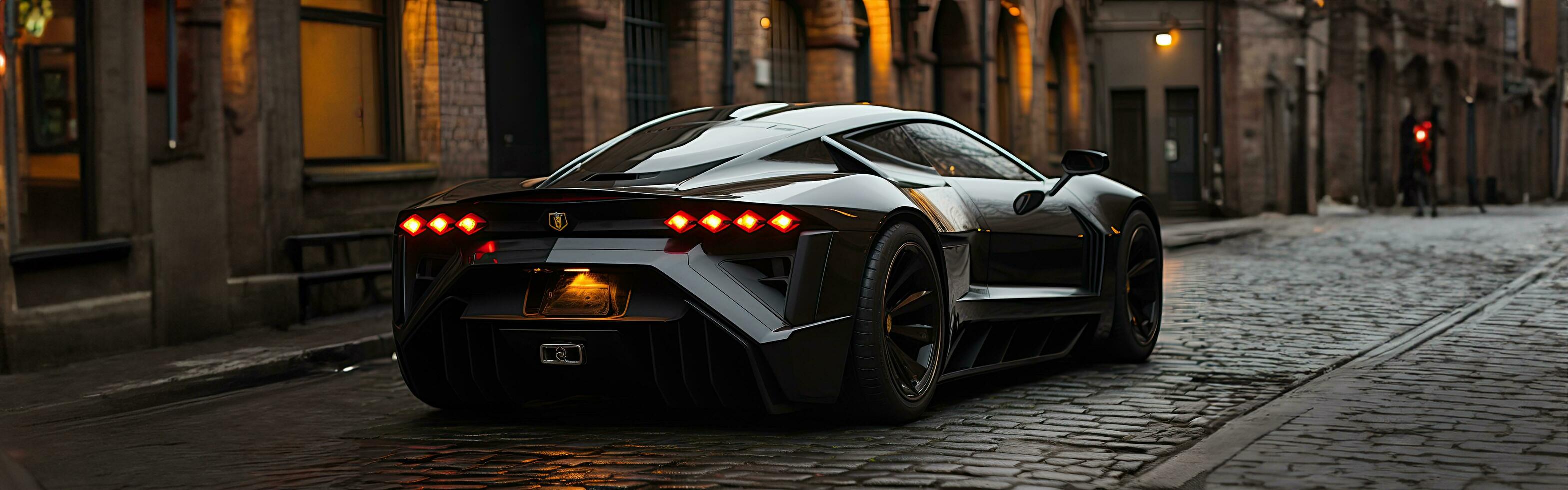 AI generated Futuristic Sports Car On Neon Highway. Powerful acceleration of a supercar on a night track with colorful lights and trails. AI Generative. photo