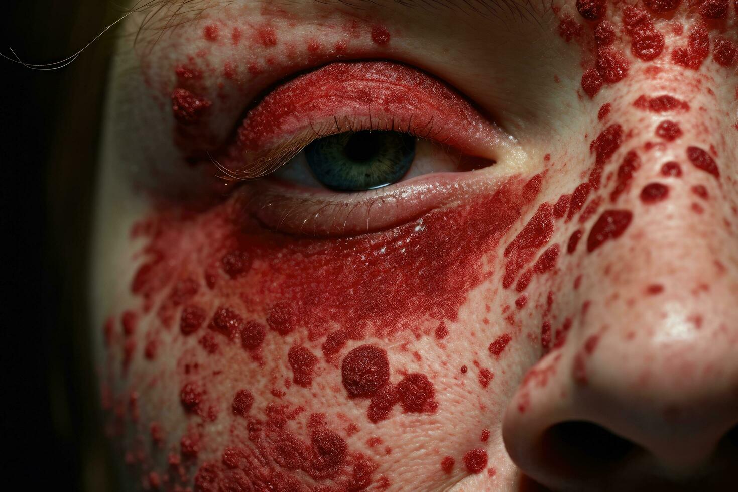 ai generado de cerca retrato de un niña con sangre en su rostro, un de la persona facial piel con visible enrojecimiento y pústulas, ai generado foto