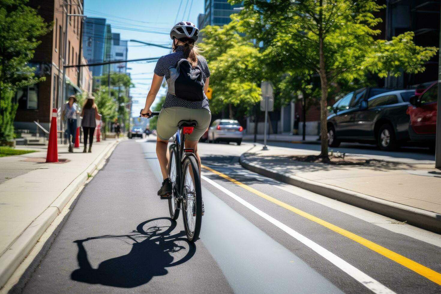 AI generated Rear view of a young woman riding a bicycle in the city, A person zipping through a dedicated bike lane on a stylish electric bicycle, AI Generated photo