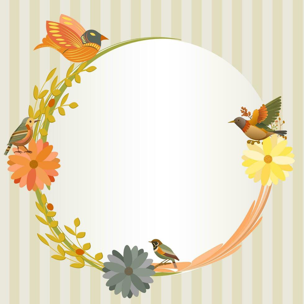 Retro Floral frame with colorful flowers and abstract birds. Element for all design. Vector illustration.