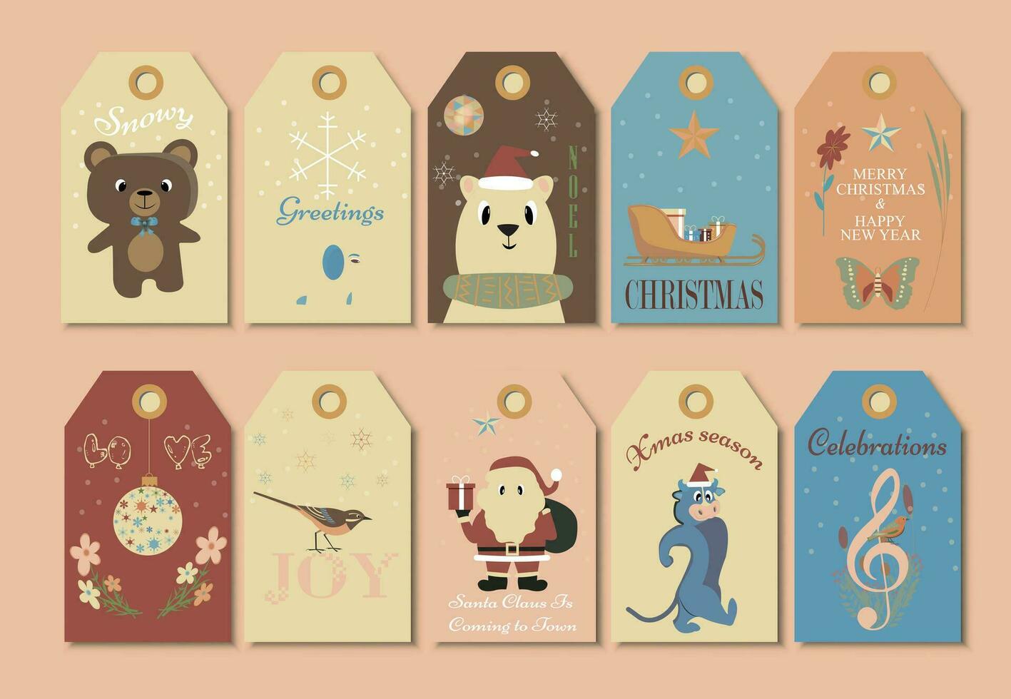 Set of eight Merry Christmas and New Year gift tags with cartoon characters. Vector illustration