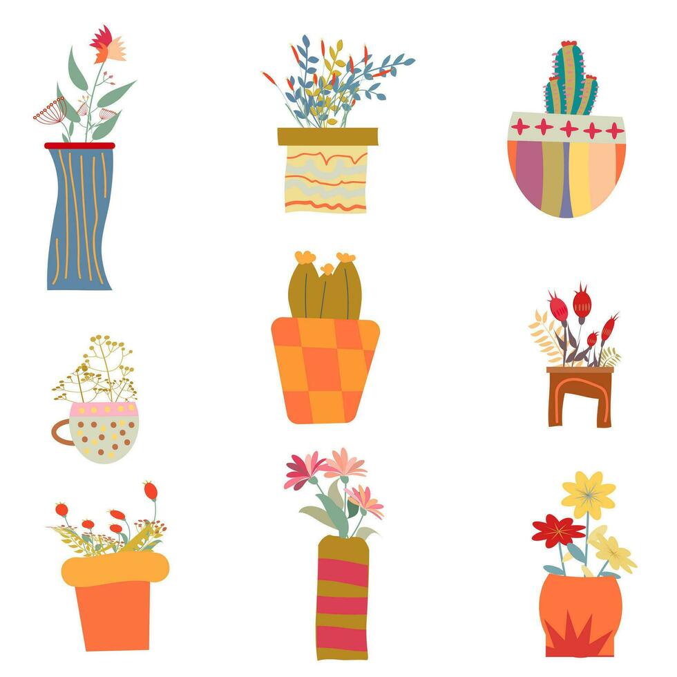 conjunto de vistoso macetas y planta de casa flores en ollas aislado en blanco antecedentes. vector ilustración eps10