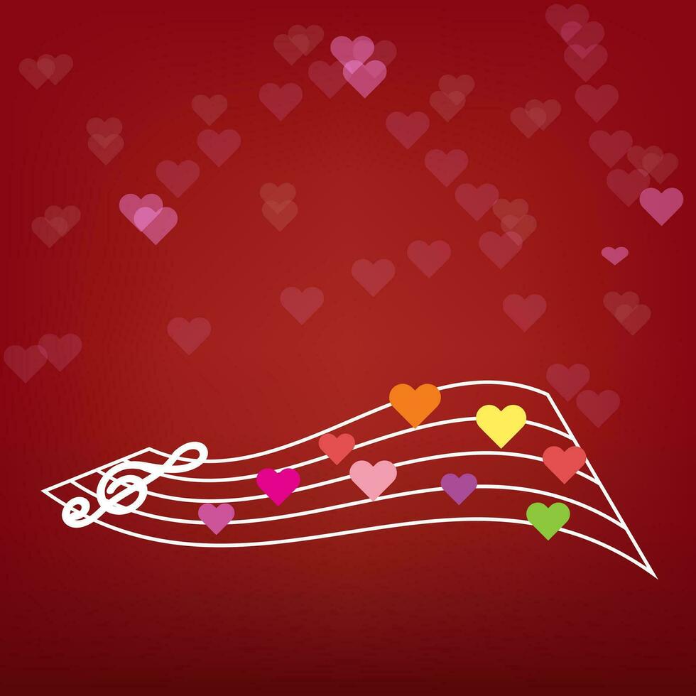 Happy Valentines Day with treble clef on music staff. Best romantic greeting card, background and weeding design elements.  Vector illustration eps10