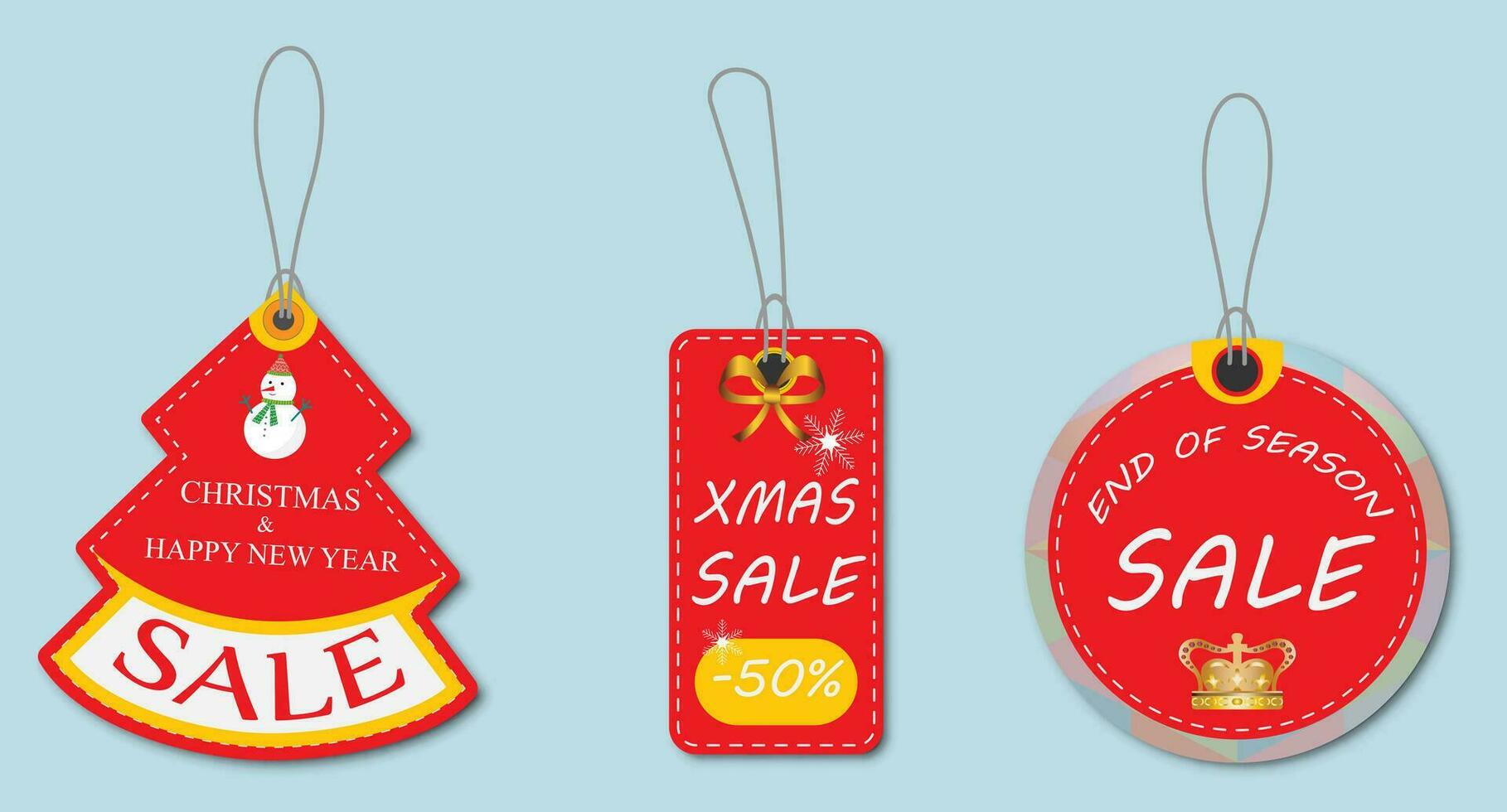 Set of Christmas Retail Sale Tags and Clearance Tags with different shapes and discount text for New Year holiday shopping promotion. Vector illustration.
